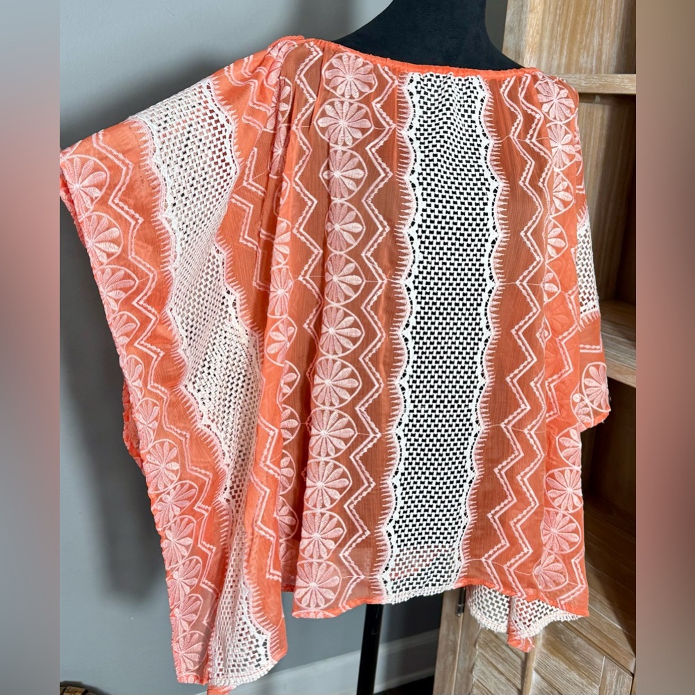 Chico’s, Boho Embroidered Coral & Cream Top Lace Tassels L/XL